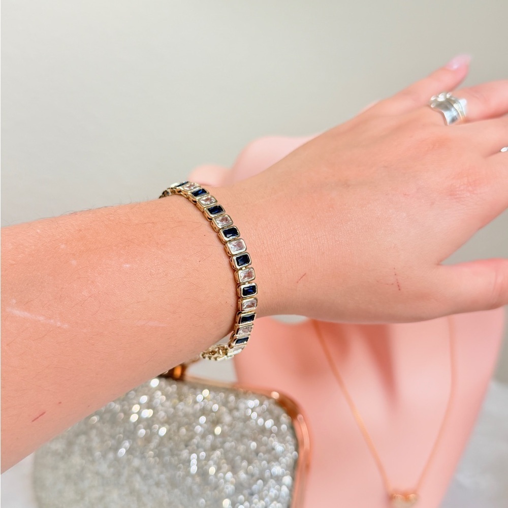 Classic 18Kt Gold Plated Bracelet With Blue and Clear Cubic Zirconia - Picture 10 of 12